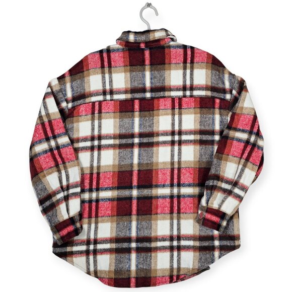 Oversized Red & Beige Plaid Flannel Button-Down Shirt Size S Dual Chest Pockets - Picture 2 of 9